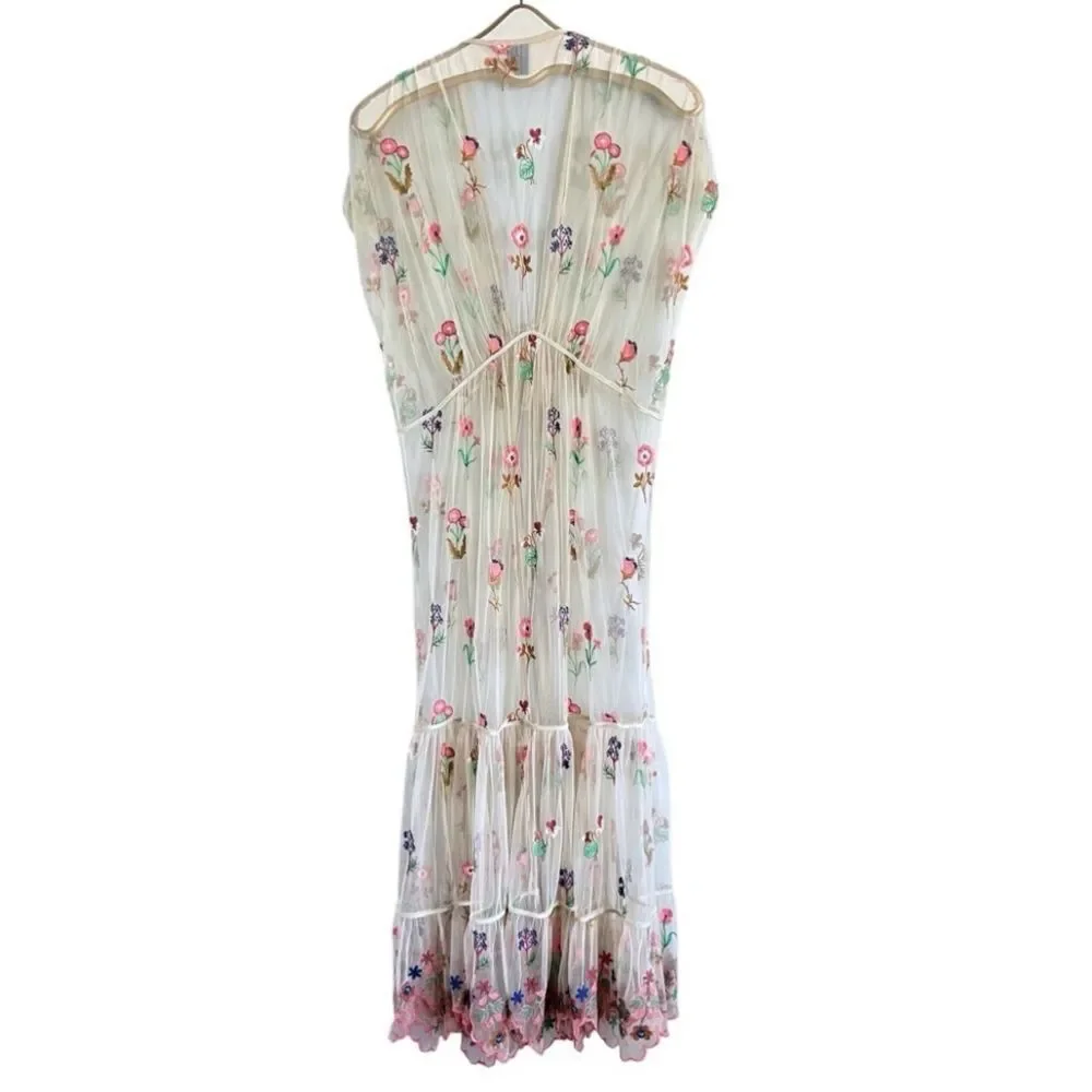 Anthropologie Bl-nk Sheer Floral Embroidered Overlay Duster Kimono - Picture 6 of 9